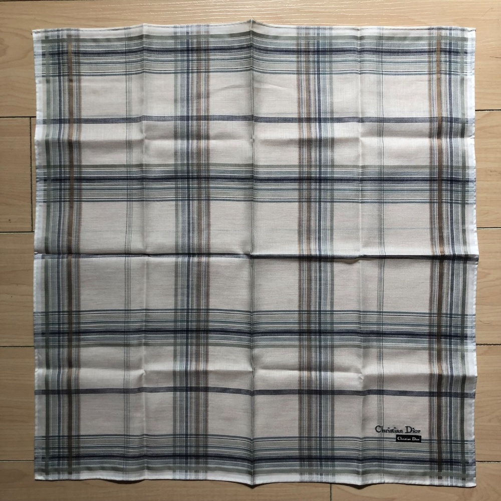 New Christian Dior Handkerchief Pocket Square Bandana Cotton Plaid Ivory